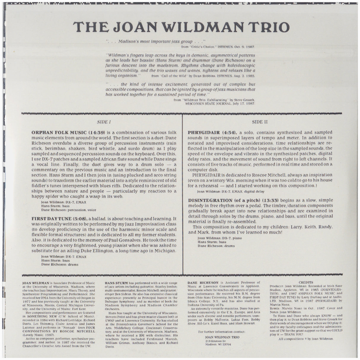[CP 294 CD] Joan Wildman Trio; Orphan Folk Music, Under The Silver Globe, Inside Out