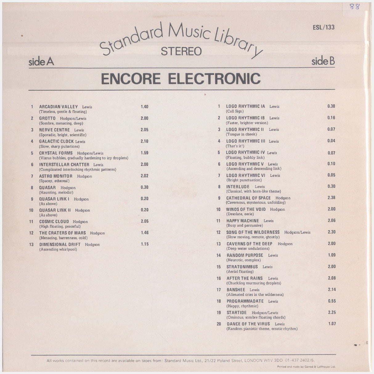 [CP 187 CD] Brian Hodgson, John Lewis; Encore Electronic