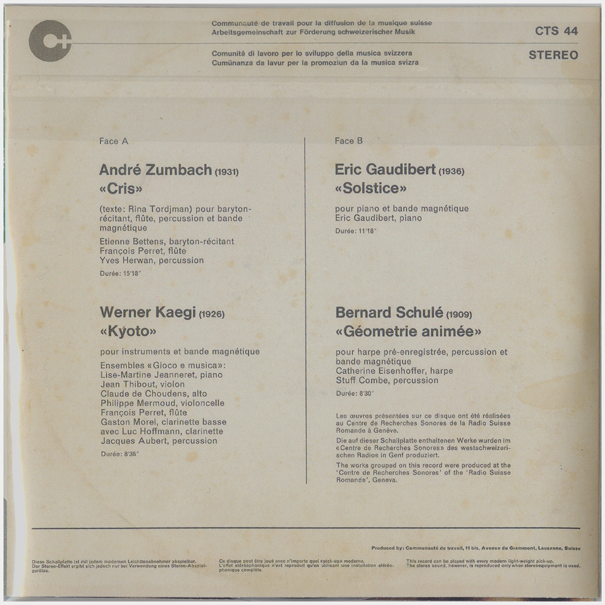 [CP 263 CD] André Zumbach, Werner Kaegi, Eric Gaudibert, Bernard Schulé; Musiques Électro Acoustiques Et Instruments +