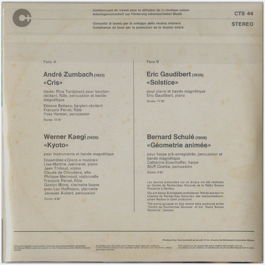 [CP 263 CD] André Zumbach, Werner Kaegi, Eric Gaudibert, Bernard Schulé; Musiques Électro Acoustiques Et Instruments +